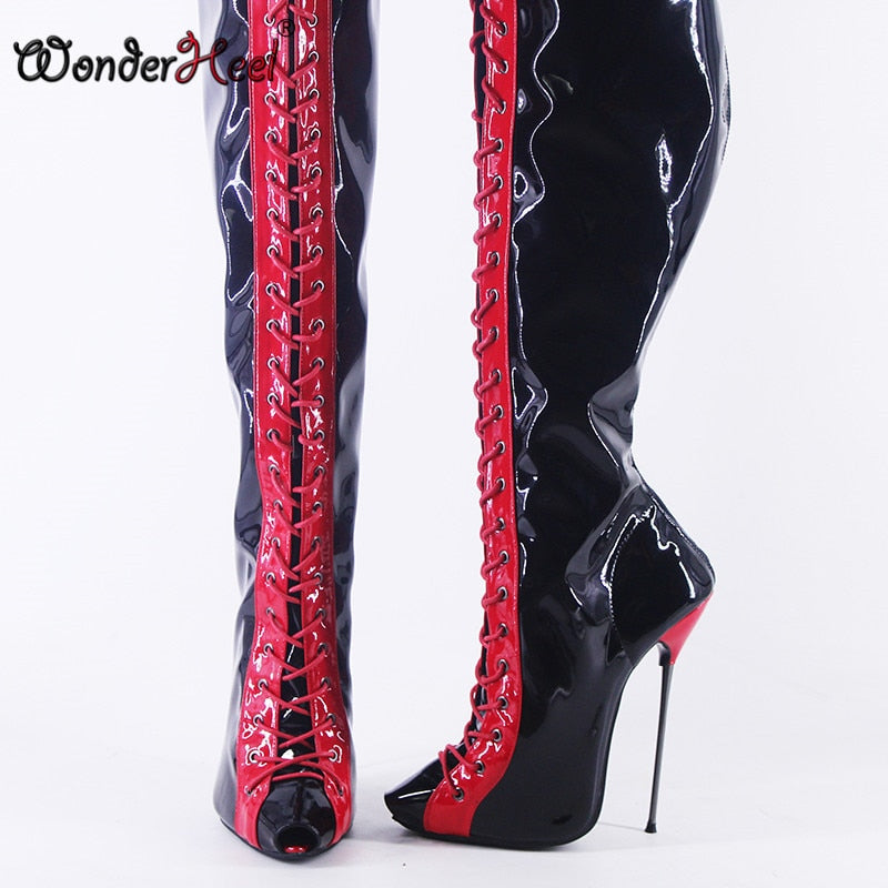 Wonderheel New 16cm Ultra Thin Metal heel Peep Toe Multi-color sexy Over Knee Boots Super Girls Nightclub Lace Up Crotch Boots