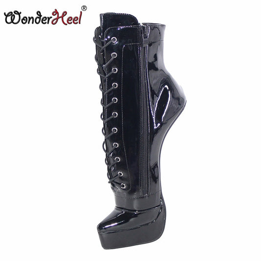 Wonderheel 2021 New 8" Hoof Heels Black Patent Sexy Fetish Cosplay Platform Ankle Boots Nightclub Horseshoes Shoes Big Size