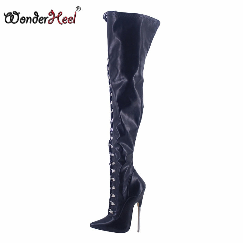 Wonderheel Ultra High Heel Appr.18cm Stiletto Heel Pointed Toe Matte Leather Front Lacing Sexy Nightclub Over Knee Boots Boots