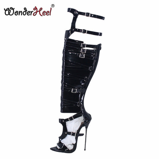 Wonderheel New 16cm Ultra Thin Metal heel Extreme high heel Patent Leather sexy Wonder Girls Nightclub Hollow Over knee Boots