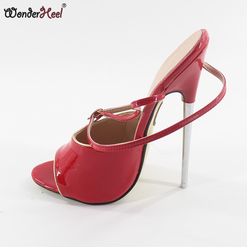 Wonderheel summer Extreme high heel 16cm/18cm metal heel red shiny Sexy fetish High Heel ankle strap women sandal with gold pipe