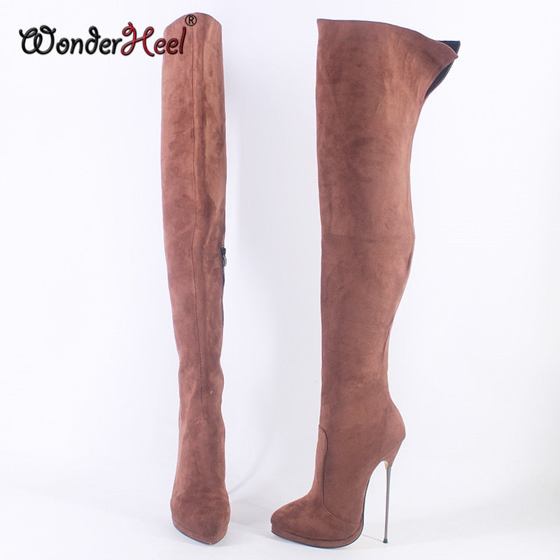 Wonderheel New 16cm Ultra Thin Metal heel Platform Extreme high heel Suede Leather sexy Wonder Girls Nightclub Thigh High Boots