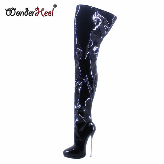 Wonderheel New 16cm Ultra Thin Metal heel Platform Extreme high heel Patent Leather sexy Wonder Girls Nightclub Over Knee Boots