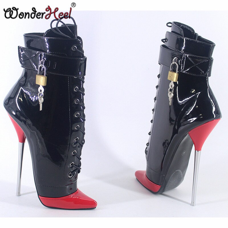 Wonderheel 2020 New 7" Stiletto Heel Patent Leather Sexy Fetish Ankle Ballet Boots Multicolour Locked Padlock Women Ballet Shoes