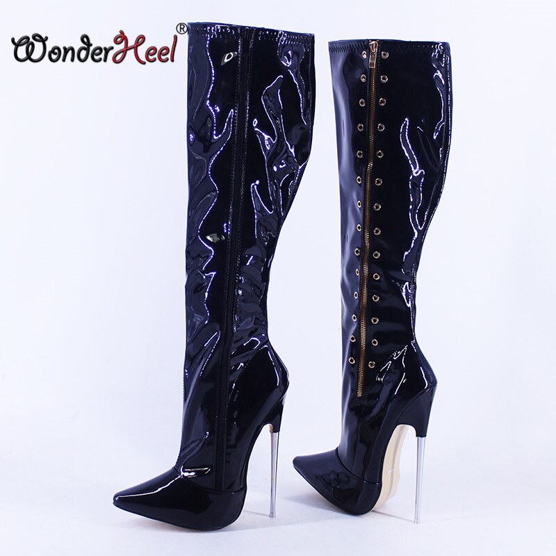 Wonderheel Ultra High Heel 18cm Stiletto Heel Pointed Toe Patent Leather Sexy Fetish Super Girls Nightclub Knee High Boots