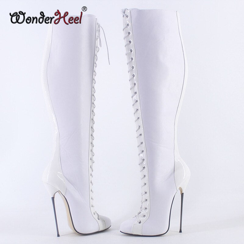 Wonderheel New 16cm Ultra Thin heel Extreme high heel Patent Matte Leather sexy Wonder Girls Nightclub Lace Up Knee High Boots