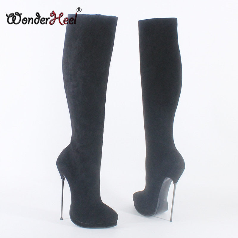 Wonderheel New 16cm Ultra Thin Metal heel Platform Fetish high heel Suede Leather Sexy Wonder Girls Nightclub Knee High Boots