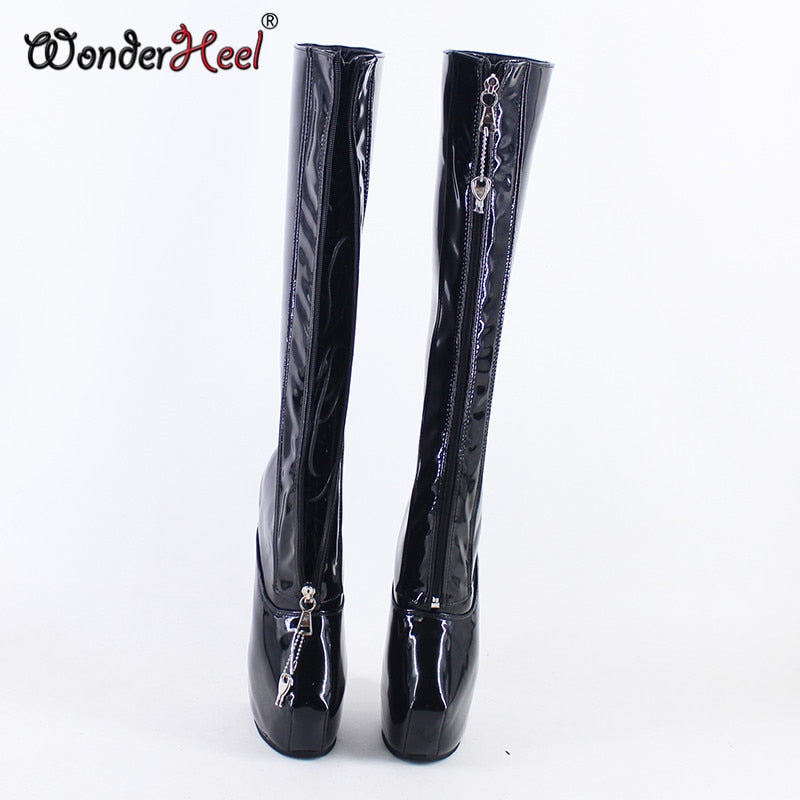 Wonderheel New 20cm heelless Sexy Fetish Hoof Heels Lockable Zipper Fashion Platform Knee High Boots Modern Horse Ponying  Shoes