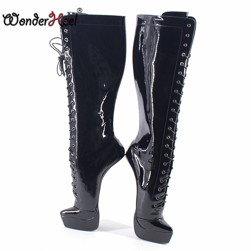 Wonderheel 2021 New 8" Hoof Heels Black Shiny Sexy Fetish Platform Knee High Cosplay Boots Locked Zipper Horseshoes Shoes