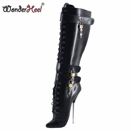 Wonderheel 2020 New 18cm stiletto heel matt leather sexy fetish Locked padlocks nightclub women knee high ballet shoes big size