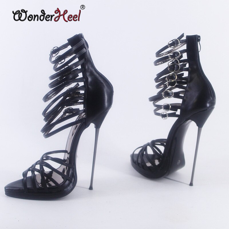 Wonderheel Summer Platform Thin Metal Heel 16cm Stiletto Heel Sexy Pointed Toe Nightclub Buckles Straps Fetish High Heel Sandals