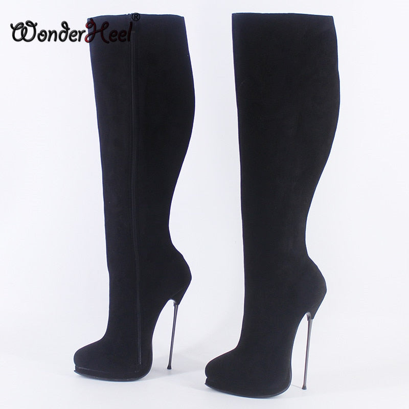 Wonderheel New 16cm Ultra Thin Metal heel Platform Fetish high heel Suede Leather Sexy Wonder Girls Nightclub Knee High Boots