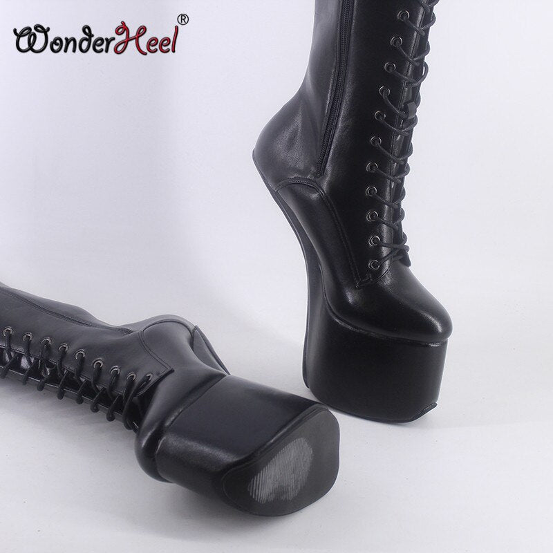 Wonderheel New 22cm Hoof Heels Matte Leather Sexy Fetish Cosplay With Platform Knee High Boots Lace Up Heelless Horse Shoes