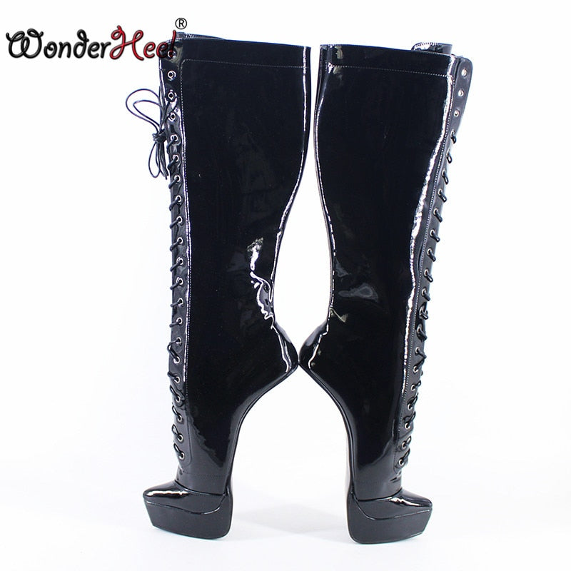 Wonderheel 2021 New 8" Hoof Heels Black Shiny Sexy Fetish Platform Knee High Cosplay Boots Locked Zipper Horseshoes Shoes