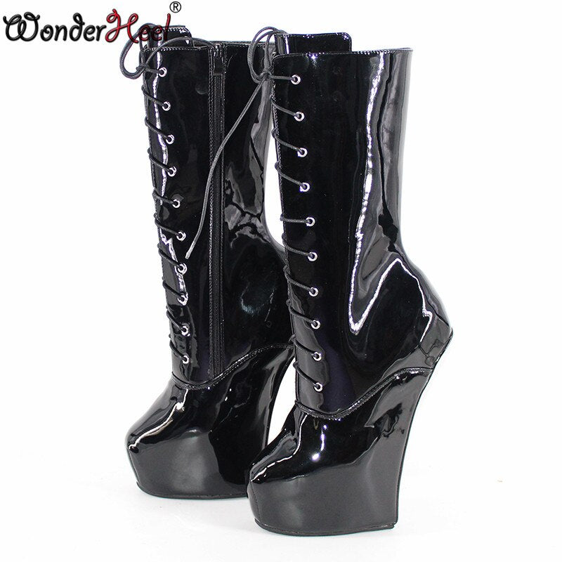 Wonderheel new 8" heel Patent leather Fetish Heelless strange style ponying heel lace up  Platform mid-calf boots