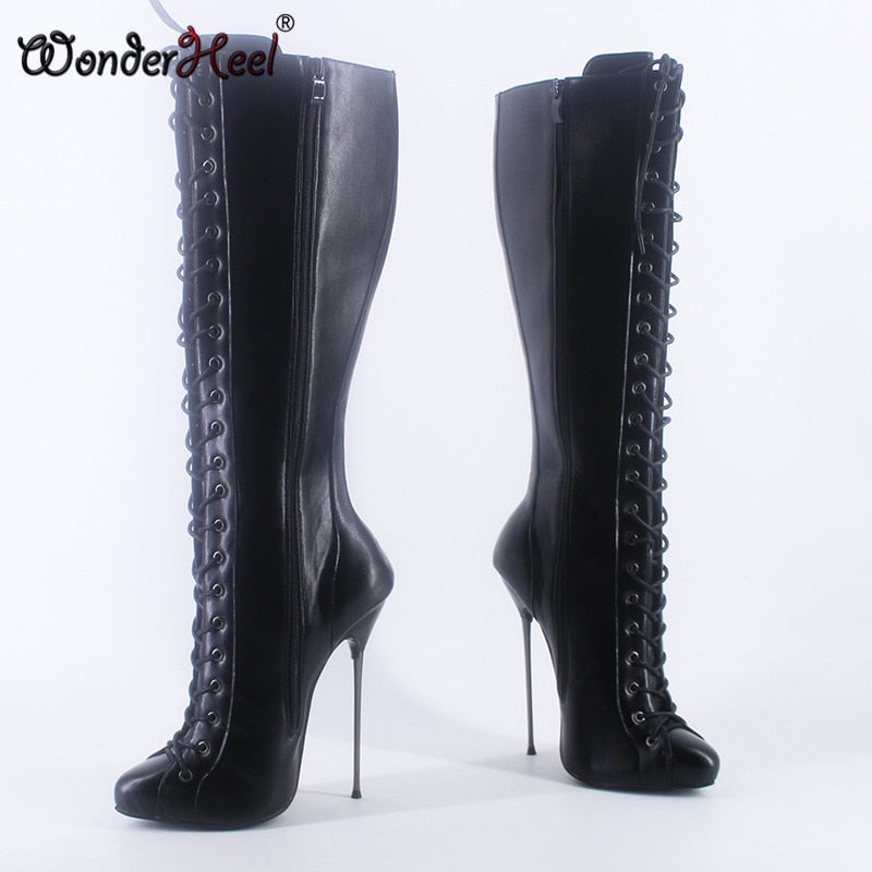 Wonderheel 2021 New 16cm Ultra Thin heel Extreme high heel Matte Leather sexy Wonder Girls Nightclub Lace Up Knee High Boots