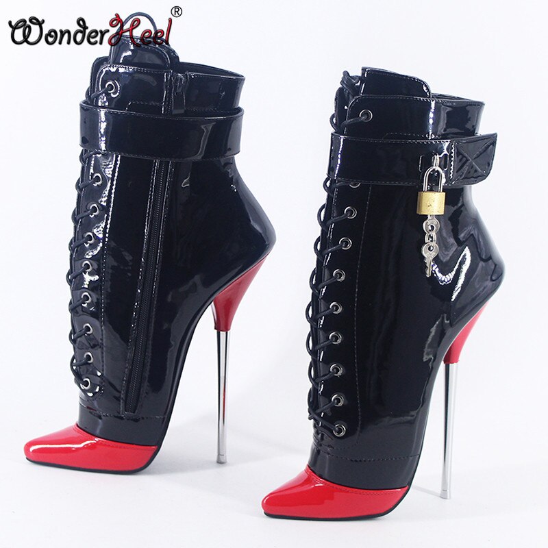 Wonderheel 2020 New 7" Stiletto Heel Patent Leather Sexy Fetish Ankle Ballet Boots Multicolour Locked Padlock Women Ballet Shoes