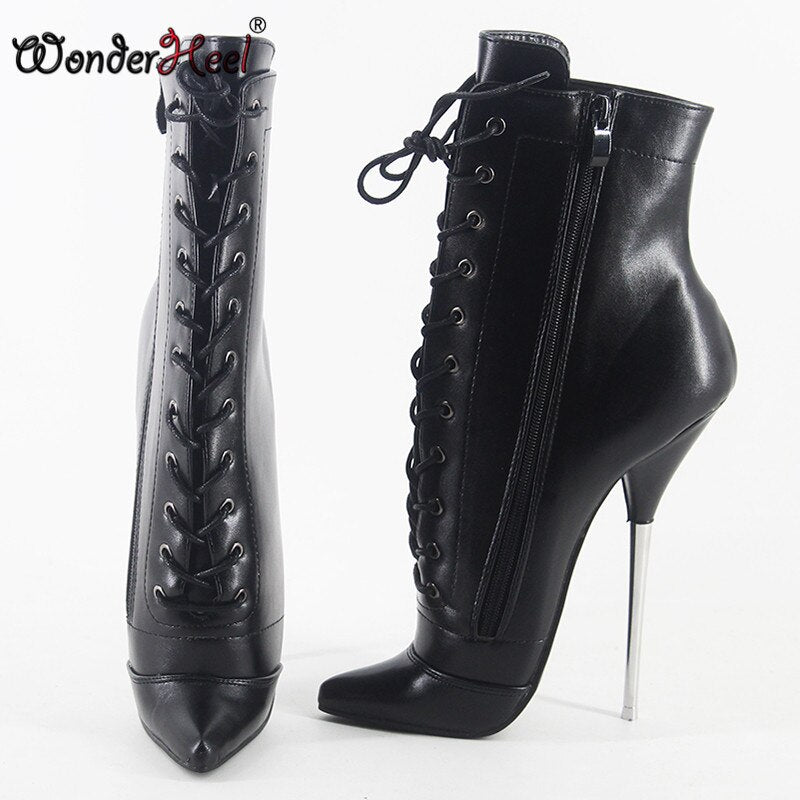 Wonderheel In Store on Sale 7" Stiletto Heel Black Matte Leather Sexy Fetish Ankle Ballet Boots Nightclub Women Ballet Shoes