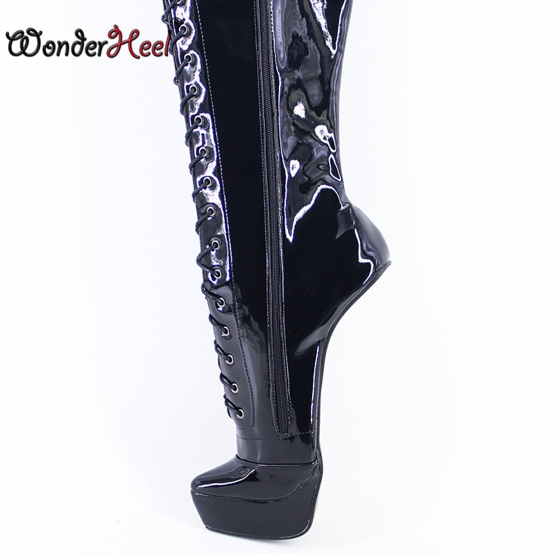 Wonderheel 2021 New 8" Hoof Heels Black Shiny Sexy Fetish Platform Knee High Cosplay Boots Locked Zipper Horseshoes Shoes