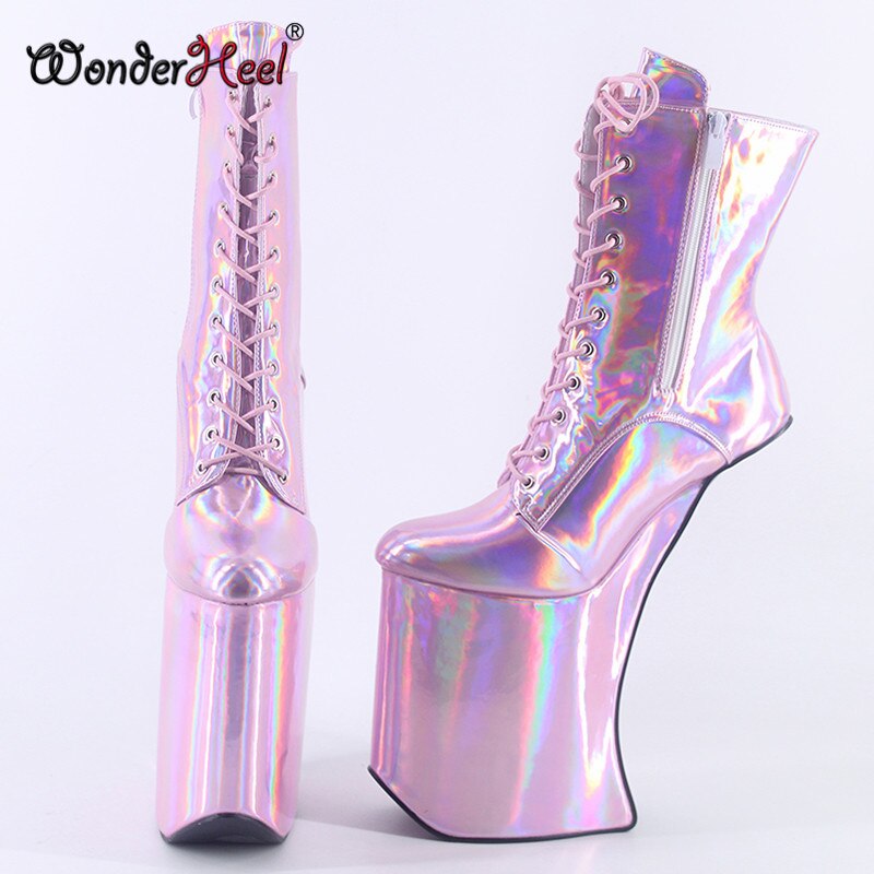 Wonderheel High Heel 25cm Heelless Laser Crystal Leather Sexy Fetish Appr. 14cm Platform Ankle Boots Nightclub Women Shoes