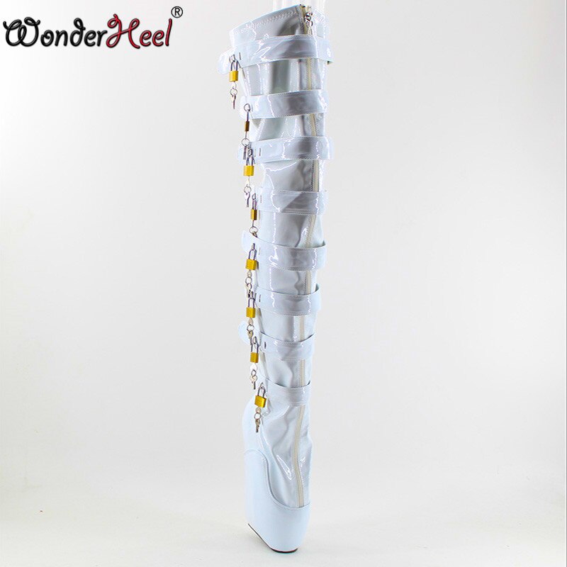 Wonderheel New Locked zipper high heel 7" wedges heel ballet thigh high boots sexy buckles straps lock padlocks over knee boots