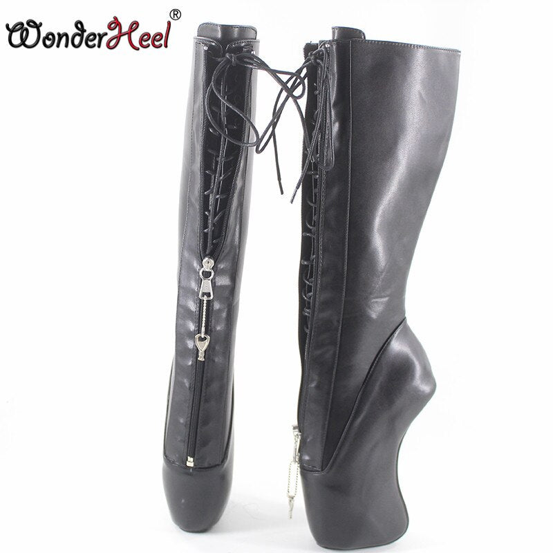 Wonderheel New Extreme High Heel 18cm Curved Heel YKK Locked Zipper Matte Black Sexy Fetish Inner Lacing Knee High Ballet Boots