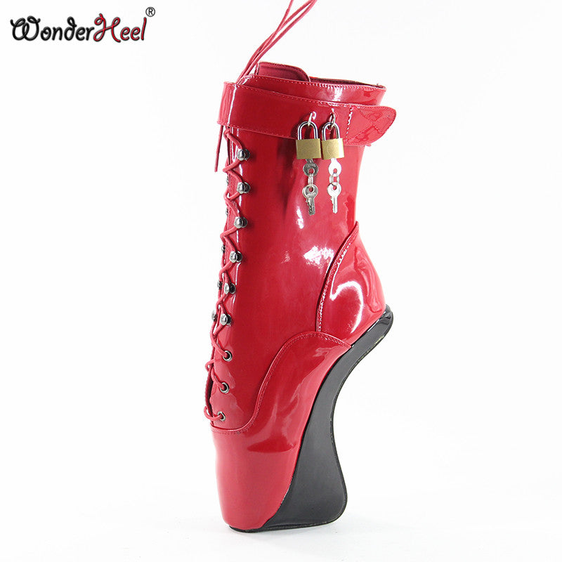 Wonderheel 7" Red Wedges Heel Sexy Fetish High Heel Black Patent Ballet Show Locked Padlocks Boots