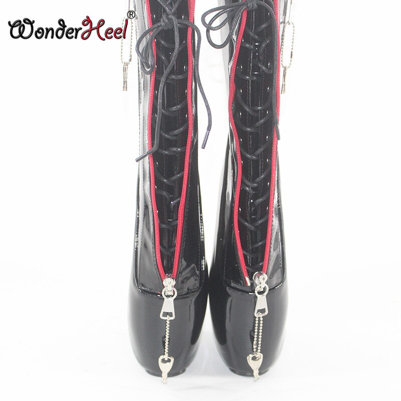 Wonderheel new super high heel 7" wedges heel double locked zipper black patent sexy fetish inner lace up ankle ballet boots