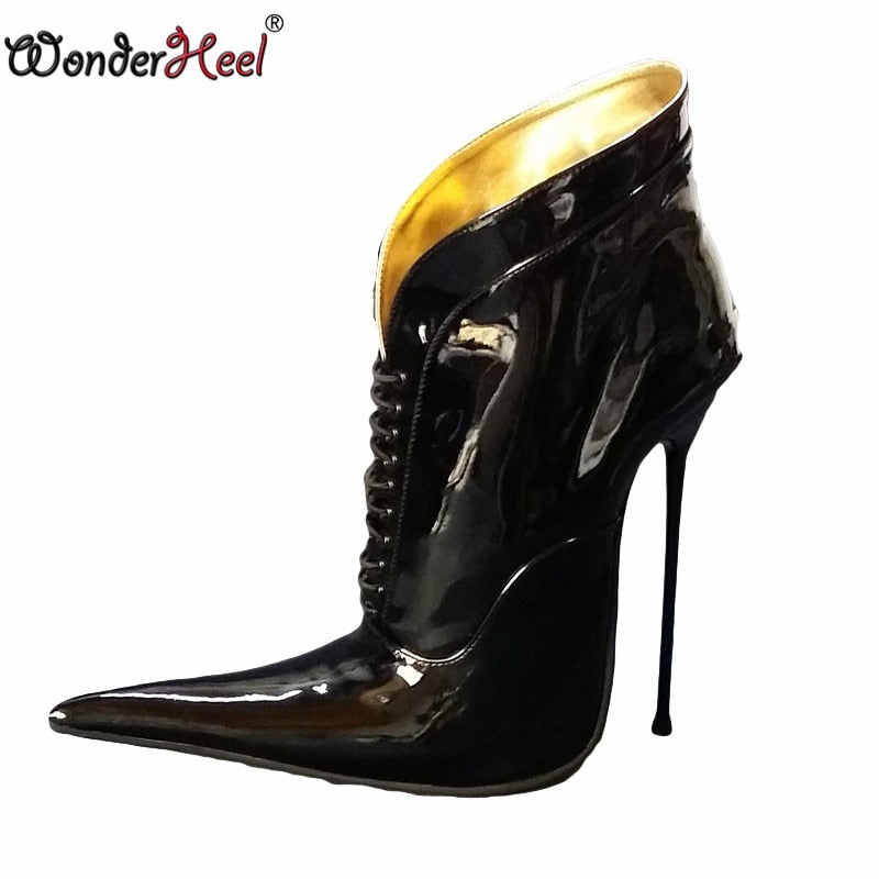 Wonderheel New 16cm Stiletto Heel Super High Heels Extremely Pointed Toe Patent Leather Ultra Thin Metal Heel Sexy Ankle Boots