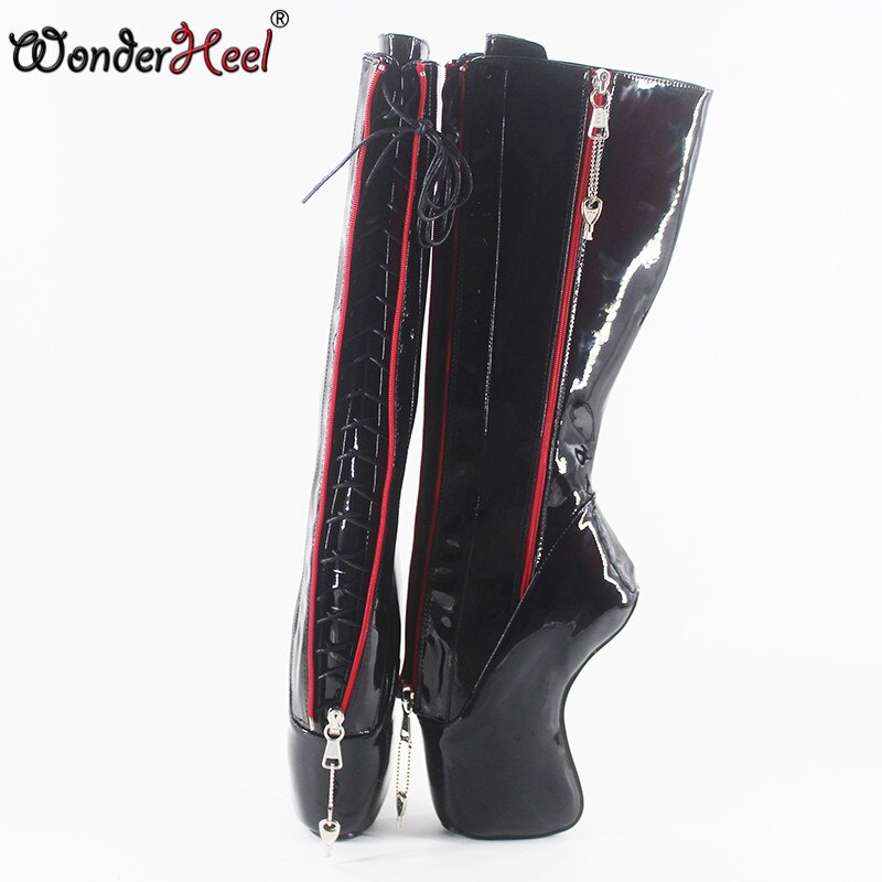 Wonderheel new extreme high heel 7" curved heel double locked zipper patent sexy fetish inner lacing up knee high ballet boots