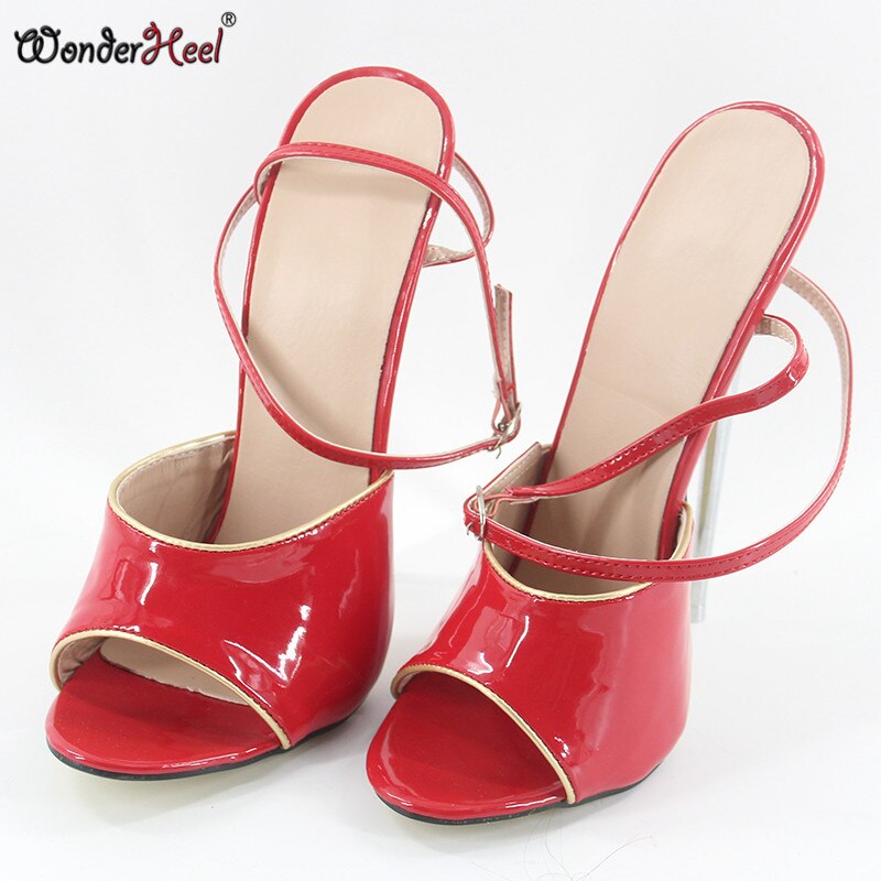 Wonderheel summer Extreme high heel 16cm/18cm metal heel red shiny Sexy fetish High Heel ankle strap women sandal with gold pipe