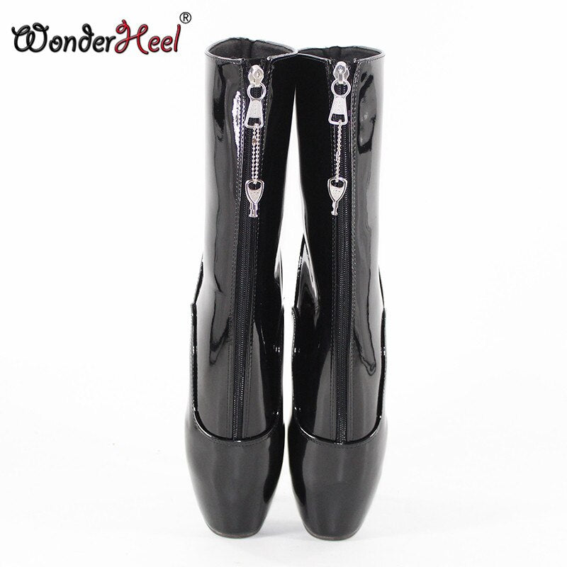 Wonderheel New 7" stiletto heel black patent sexy fetish ankle ballet boots sexy party lockable zipper women ballet shoes