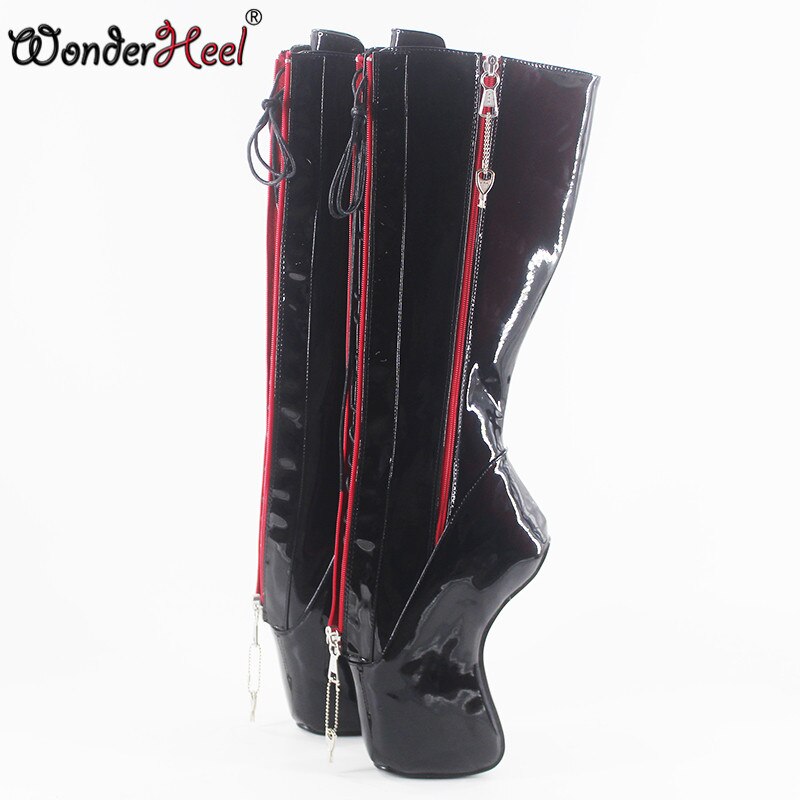 Wonderheel new extreme high heel 7" curved heel double locked zipper patent sexy fetish inner lacing up knee high ballet boots