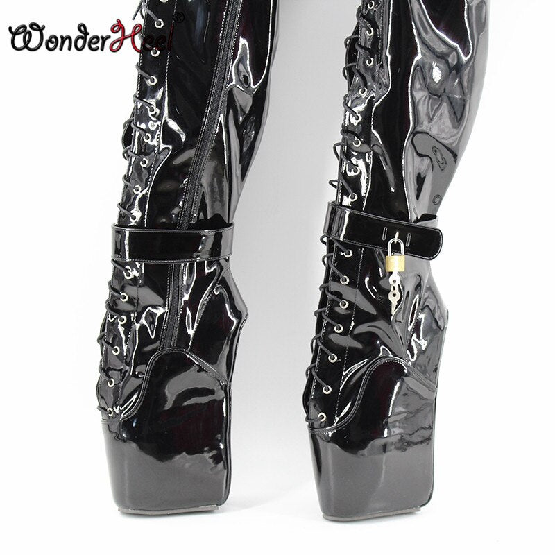 Wonderheel extreme high heel 7" wedges heel ballet thigh high boots sexy high heels lacing black shiny padlocks over knee boots