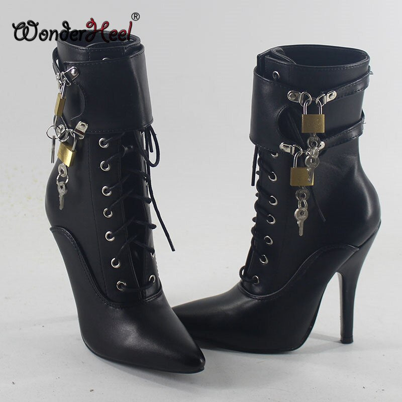 Wonderheel Extreme high heel 12cm/5" stilleto heel matte leather pointed toe boots with two locked padlocks ankle boots