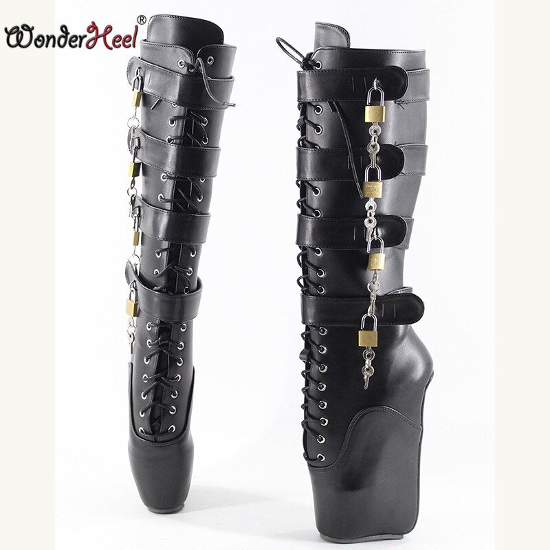 Wonderheel Sexy Ballet Shoes Ultra High Heel 7" Wedges Heel Knee High Boots Sexy Fetish Matte Black Locked Padlocks Ballet Boots