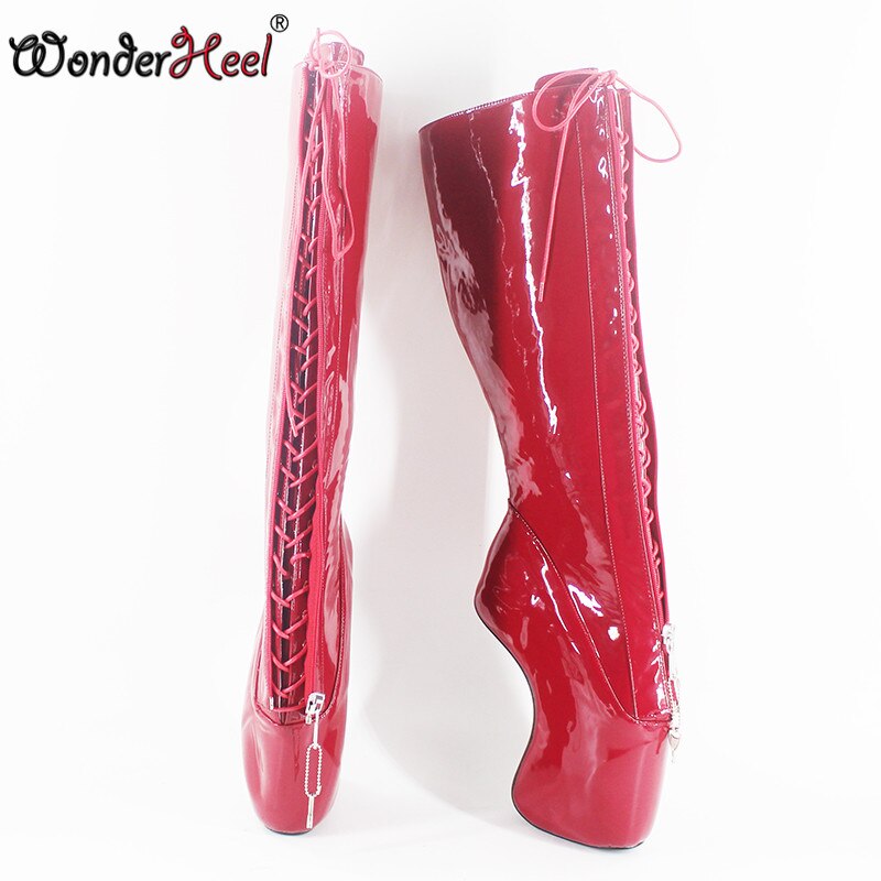 Wonderheel new ultra high heel 7" curved heel locked zipper red patent sexy fetish strange style lace up knee high ballet boots