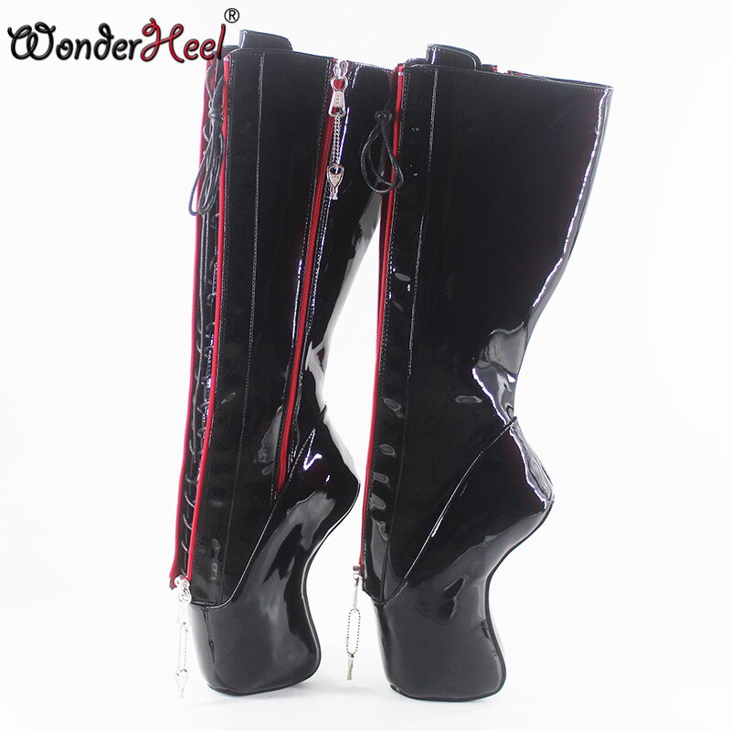 Wonderheel new extreme high heel 7" curved heel double locked zipper patent sexy fetish inner lacing up knee high ballet boots