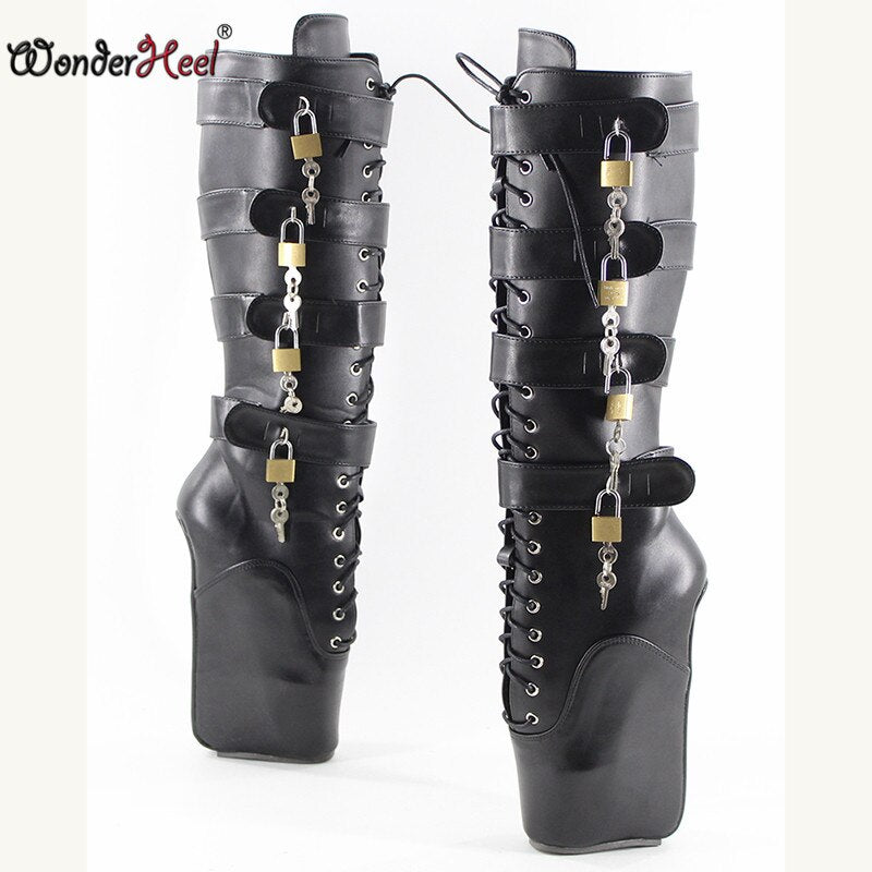 Wonderheel Sexy Ballet Shoes Ultra High Heel 7" Wedges Heel Knee High Boots Sexy Fetish Matte Black Locked Padlocks Ballet Boots