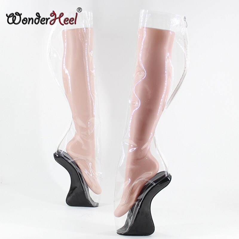 Wonderheel New ultra high heel 18cm curved heel wedges BALLET Knee Boots sexy fetish clear PVC high heel ballet boot back zipper