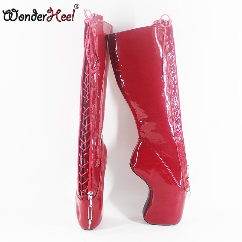 Wonderheel new ultra high heel 7" curved heel locked zipper red patent sexy fetish strange style lace up knee high ballet boots