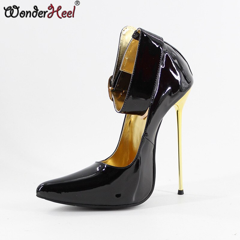 Wonderheel hot ultra high heel 16cm metal heel black patent Sexy extreme pointed toe ankle straps sexy women pumps big size