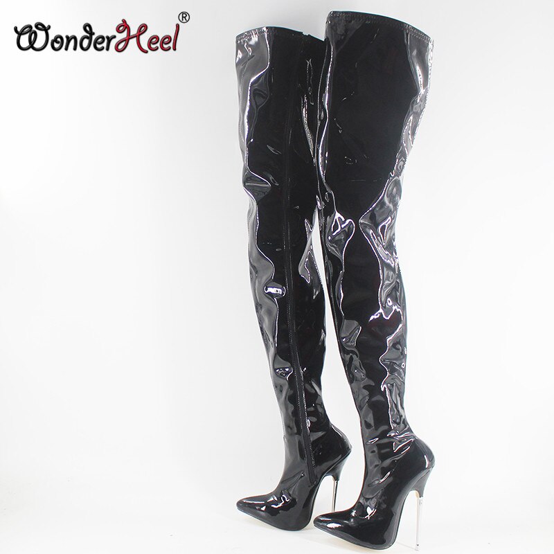 Wonderheel over knee high boots appr. 16cm thin heel pointed toe sexy black patent stiletto metal heel sexy fetish Crotch boots