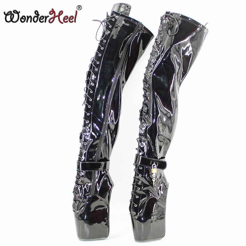 Wonderheel extreme high heel 7" wedges heel ballet thigh high boots sexy high heels lacing black shiny padlocks over knee boots