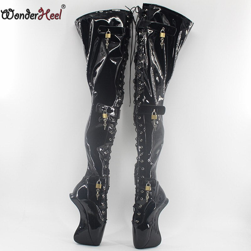 Wonderheel ultra high heel appr.7" curved heel ballet thigh high Boots sexy fetish high heel strange style padlocks crotch boots