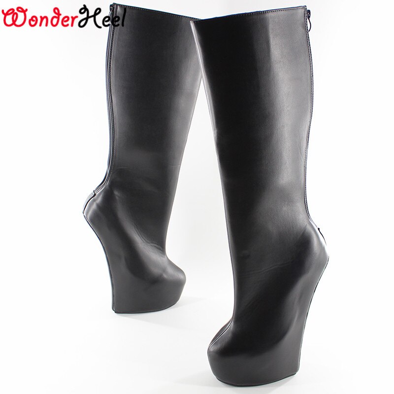 Wonderheel Knee High boot 8" heel matt leather Fetish Heelless strange style ponying heel back zipper Platform fashion boots