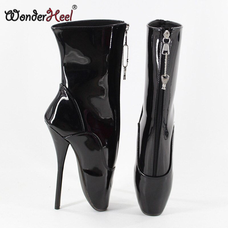 Wonderheel New 7" stiletto heel black patent sexy fetish ankle ballet boots sexy party lockable zipper women ballet shoes