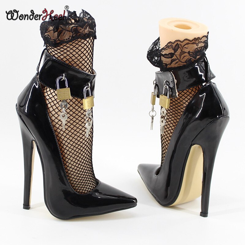 Wonderheel Extreme high heel 18cm stiletto heel patent leather  Sexy fetish ankle strap pointed toe padlocks sexy women pumps