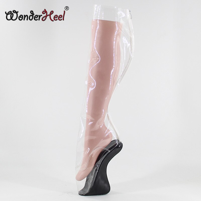 Wonderheel New ultra high heel 18cm curved heel wedges BALLET Knee Boots sexy fetish clear PVC high heel ballet boot back zipper