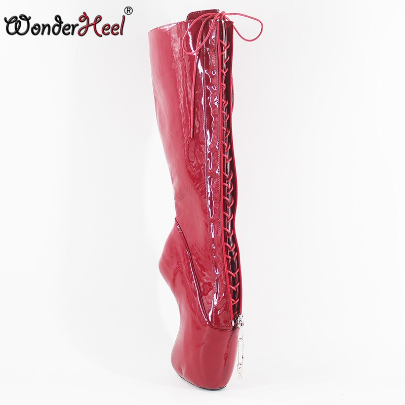 Wonderheel new ultra high heel 7" curved heel locked zipper red patent sexy fetish strange style lace up knee high ballet boots